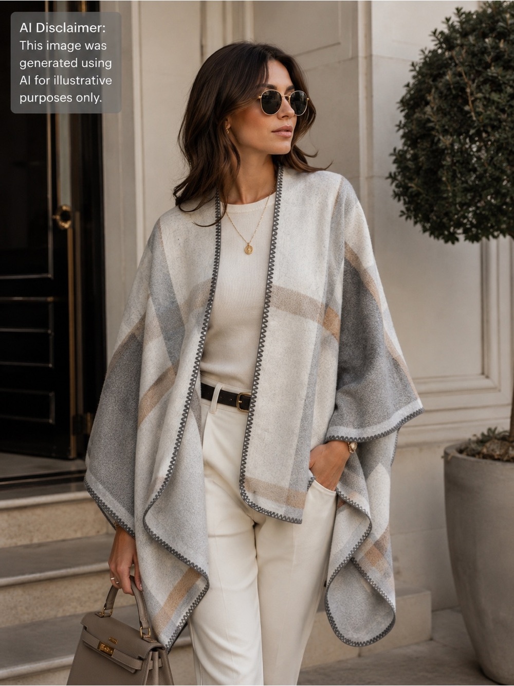 Cejon Plaid Ruana Wrap Neutral Cape Cozy Layer OSFM